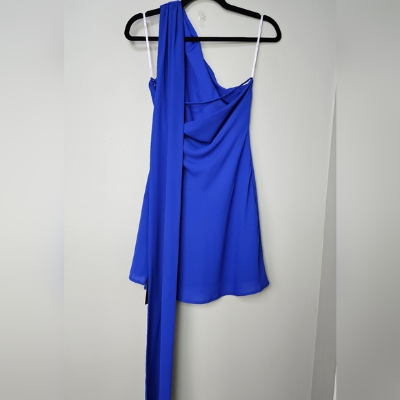Lulus Isloda Blue One-Shoulder Cowl Backless Sash Mini Dress, Size XS - Picture 12 of 13